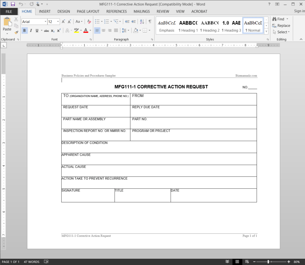 Manufacturing Corrective Action Request Template | Mfg111 1 Pertaining To Corrective Action Report Template