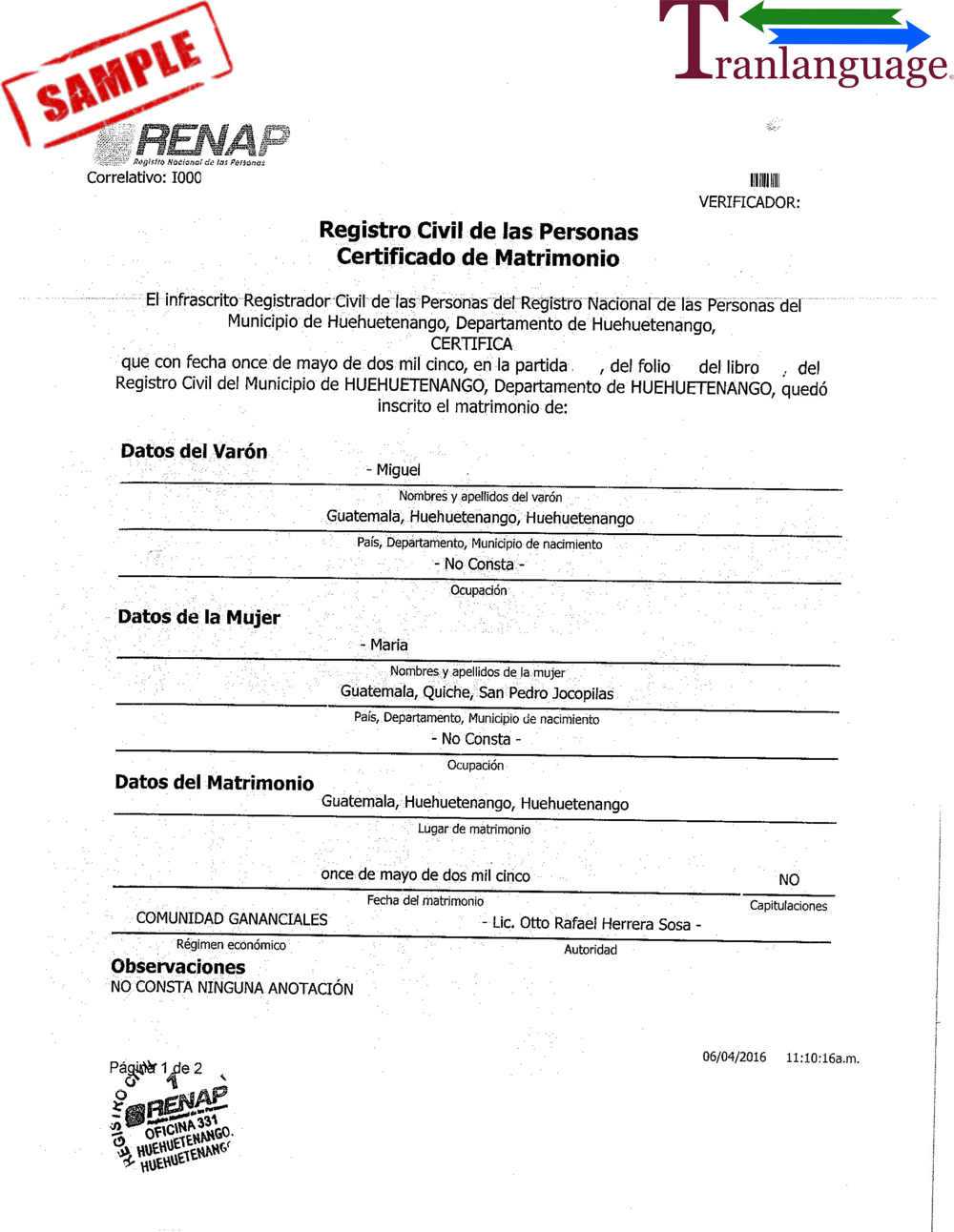 Marriage Certificate Guatemala Pertaining To Uscis Birth Certificate Translation Template