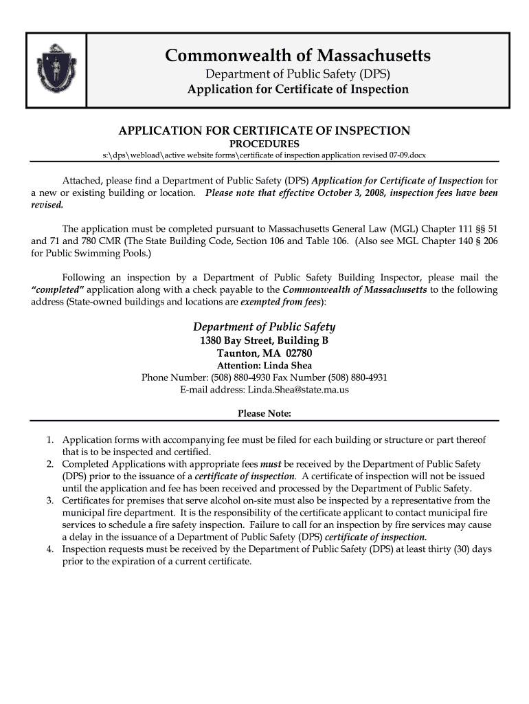 Mass Dps Inspection Certificate – Fill Online, Printable Intended For Certificate Of Inspection Template