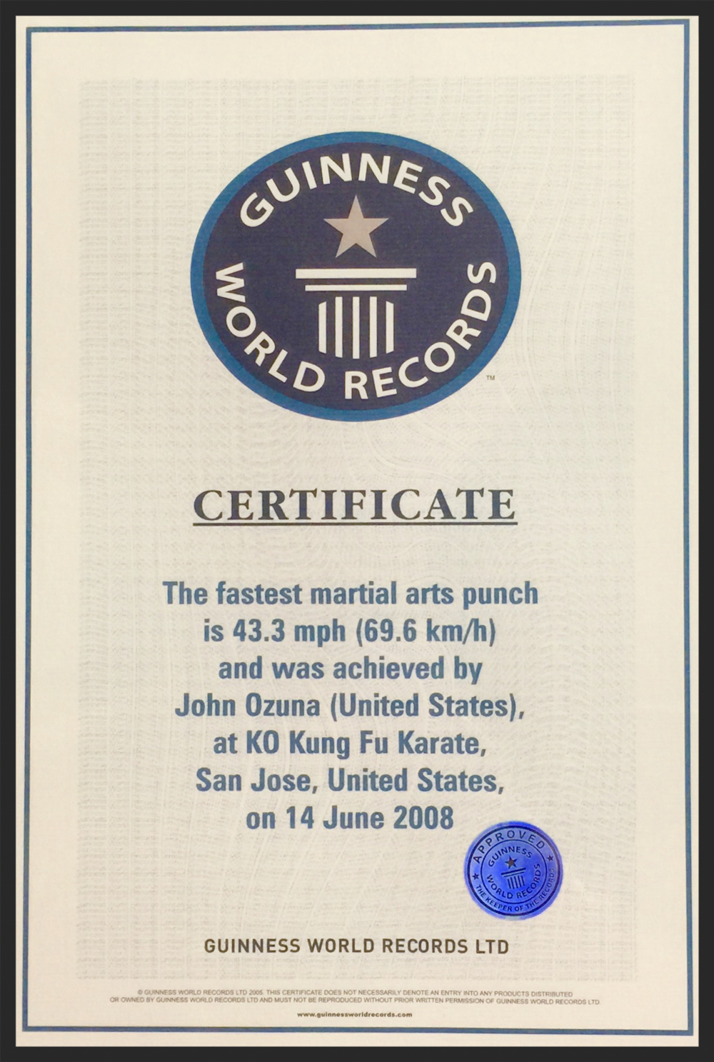 Master John Ozuna — Ko Kung Fu In Guinness World Record Certificate Template