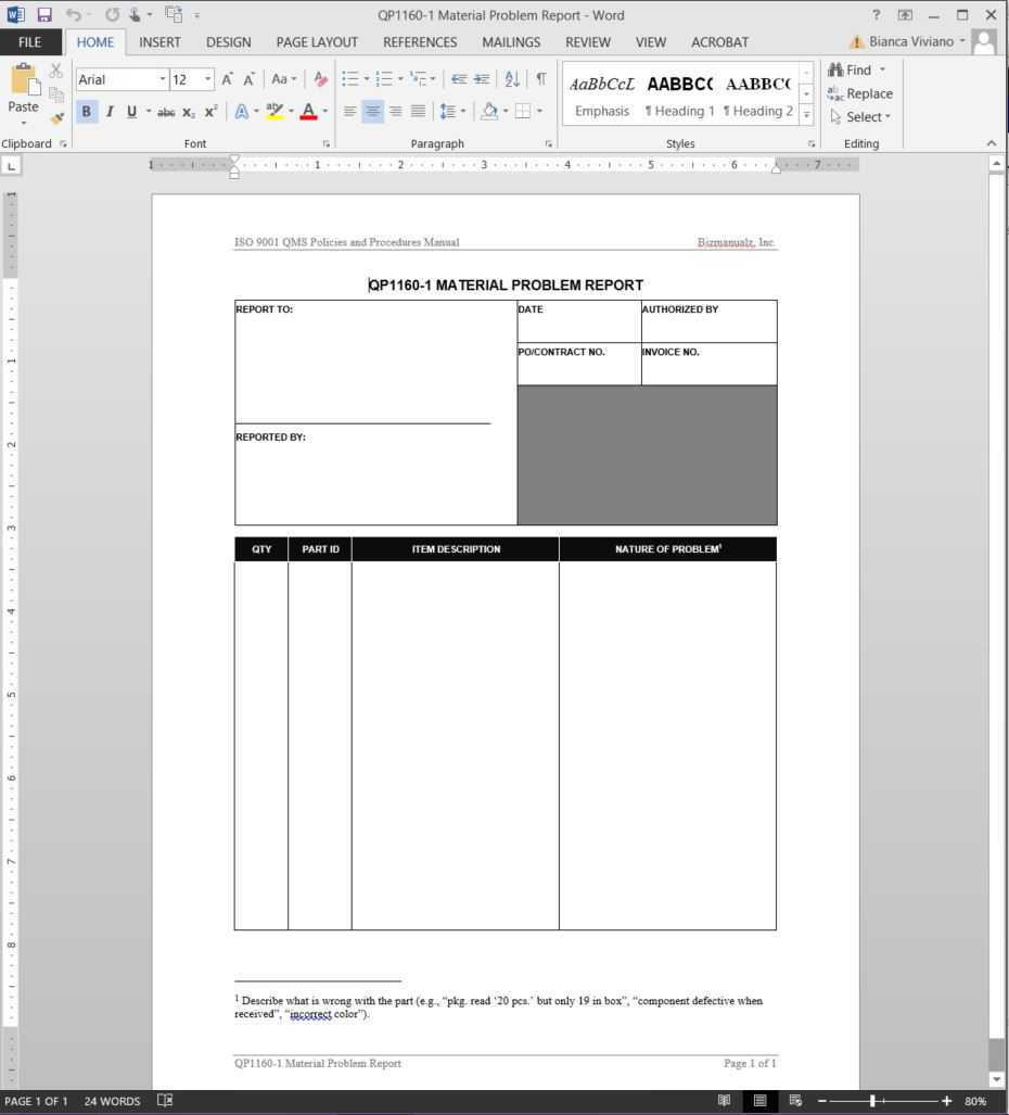 Material Problem Report Iso Template | Qp1160 1 Throughout Software Problem Report Template