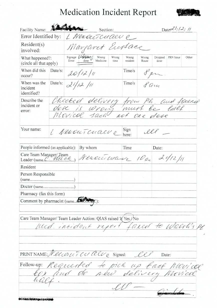 Medication Incident Reporting In Residential Aged Care With Regard To Medication Incident Report Form Template