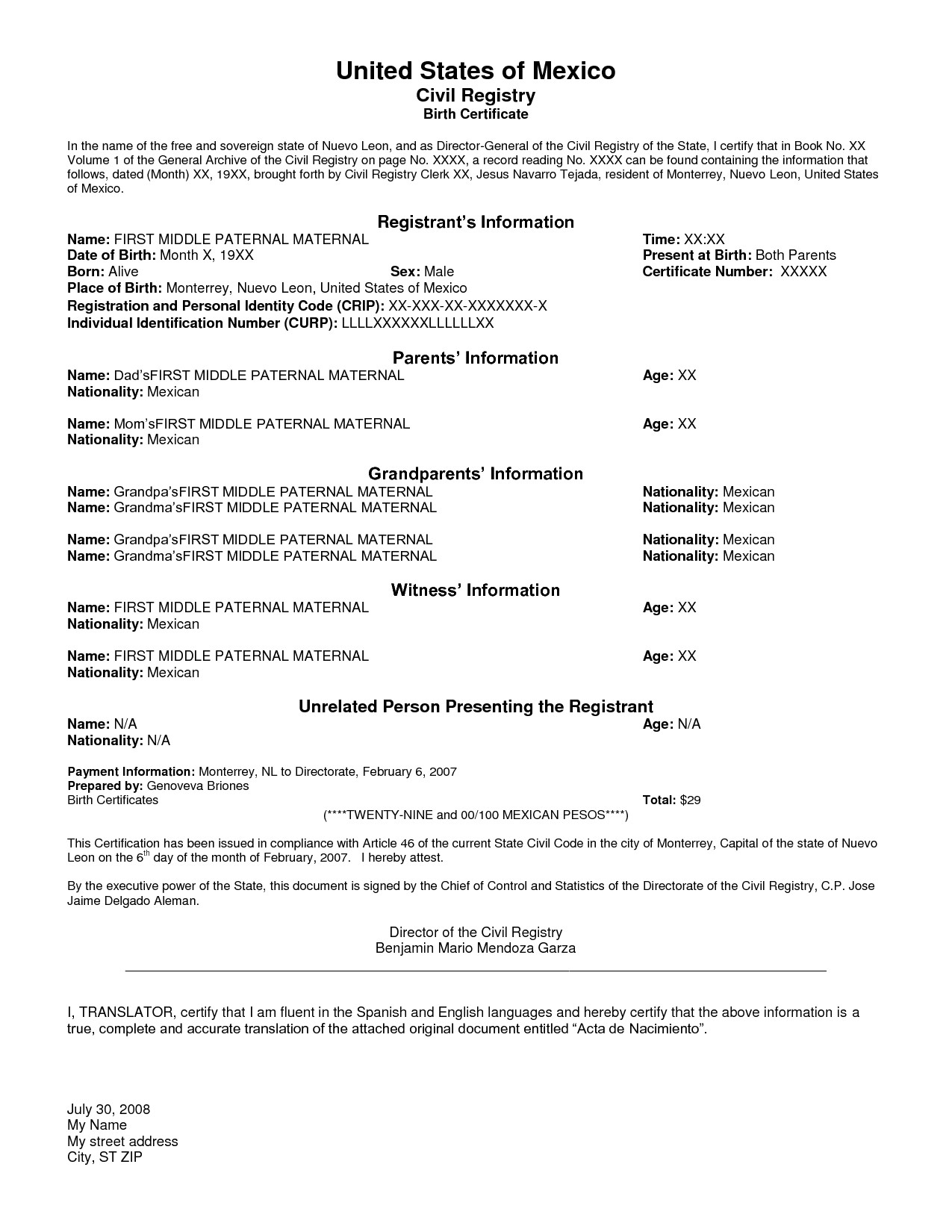 Mexican Marriage Certificate Template – Carlynstudio Throughout Mexican Marriage Certificate Translation Template