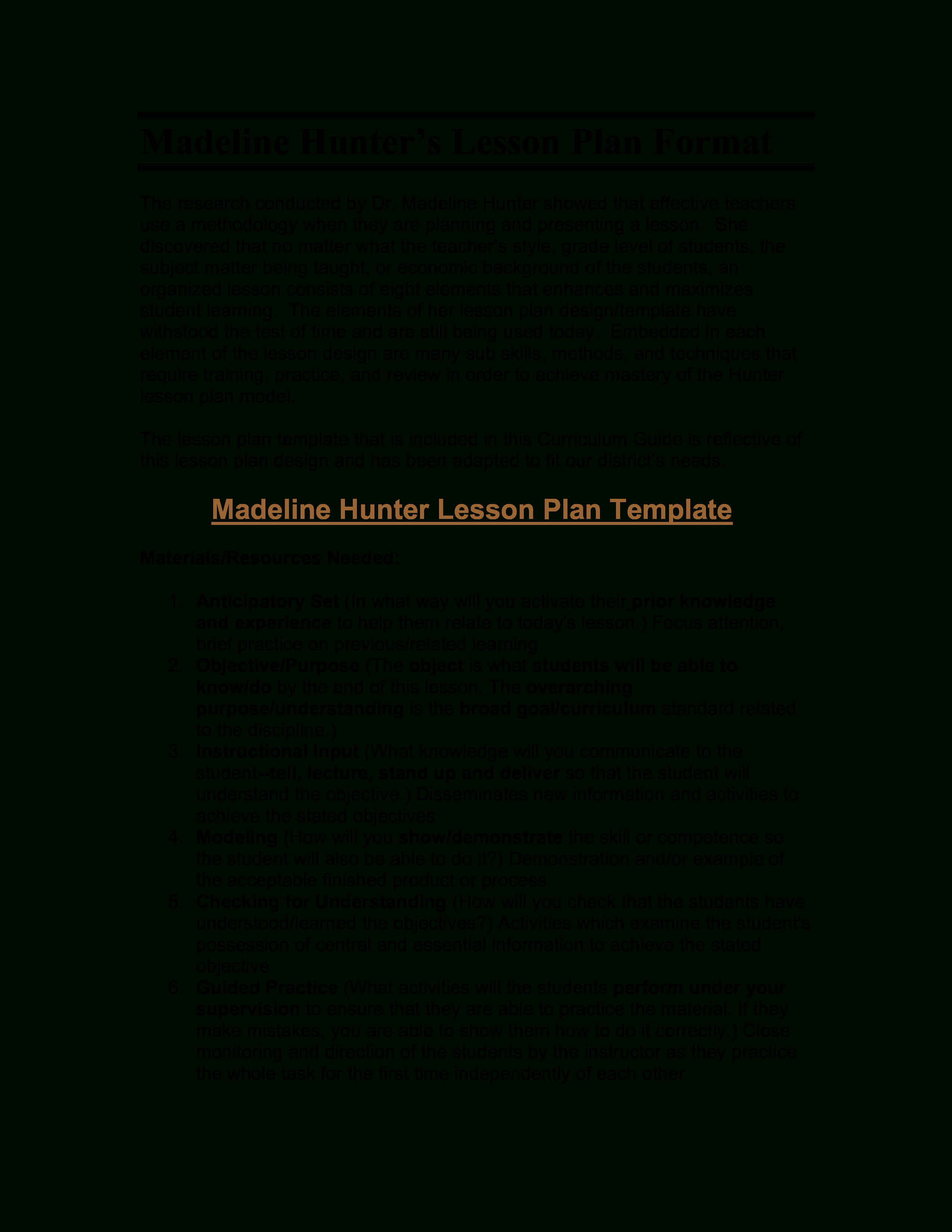 Microsoft Word – Madeline Hunter's Lesson Plan Format In Madeline Hunter Lesson Plan Template Word