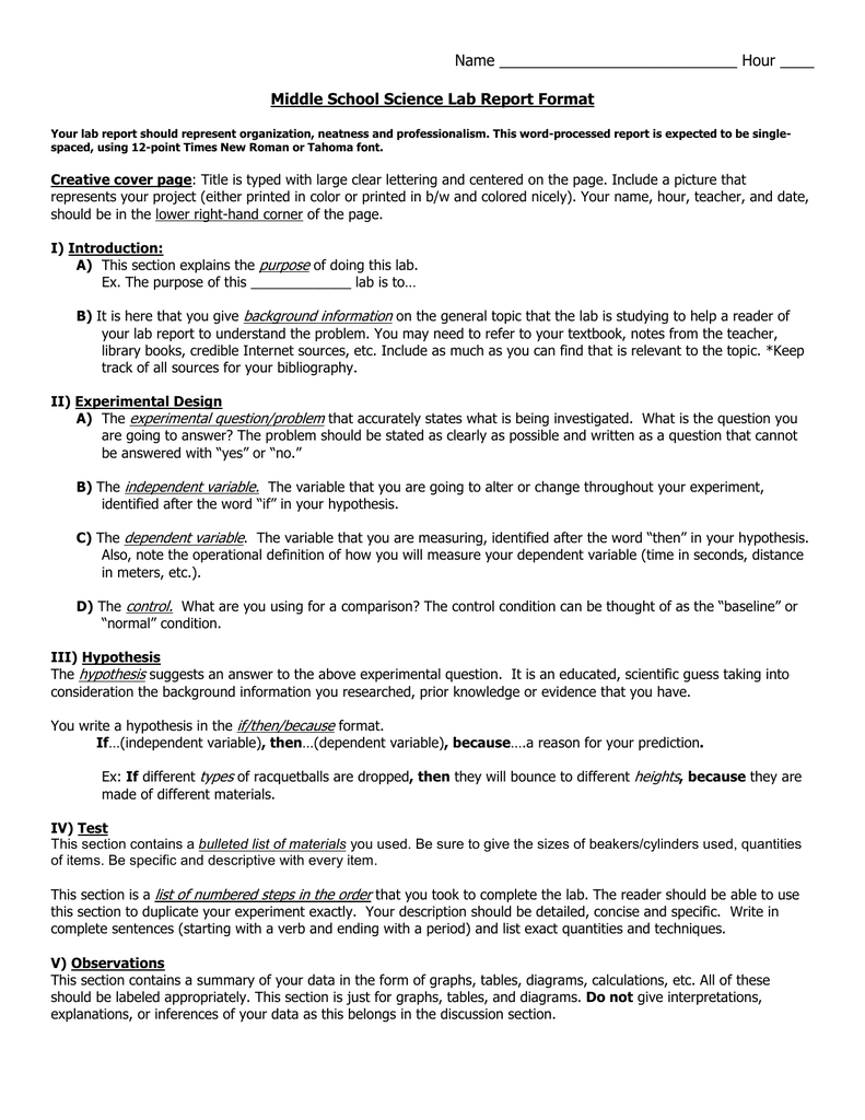 Middle School Science Lab Report Format Inside Lab Report Template Middle School