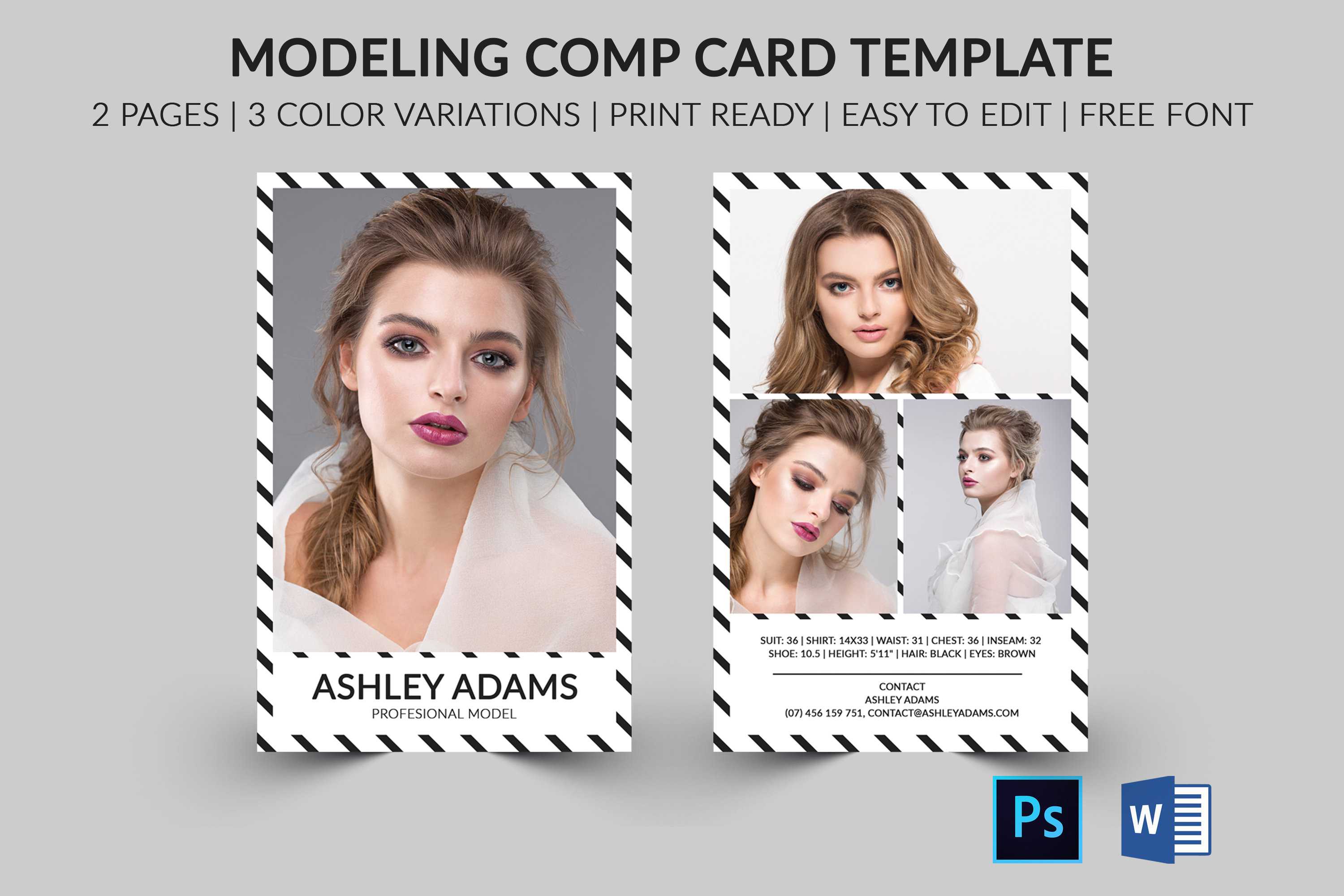 Modeling Comp Card | Model Agency Zed Card | Photoshop, Elements & Ms Word  Template |Modeling Card | Instant Download | Regarding Download Comp Card Template