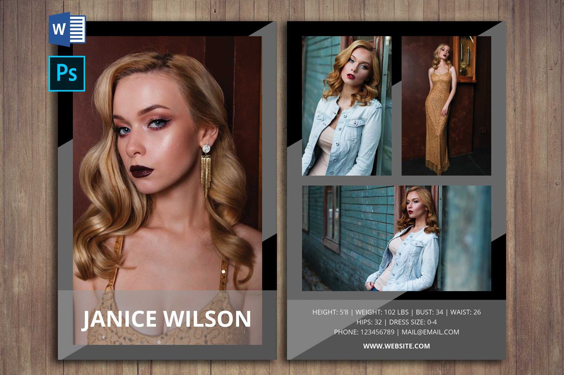 Modeling Comp Card Template, Word Template, Photoshop Template, Instant  Download, Docx Files, Psd Template, Professional Comp Card Template Throughout Comp Card Template Psd