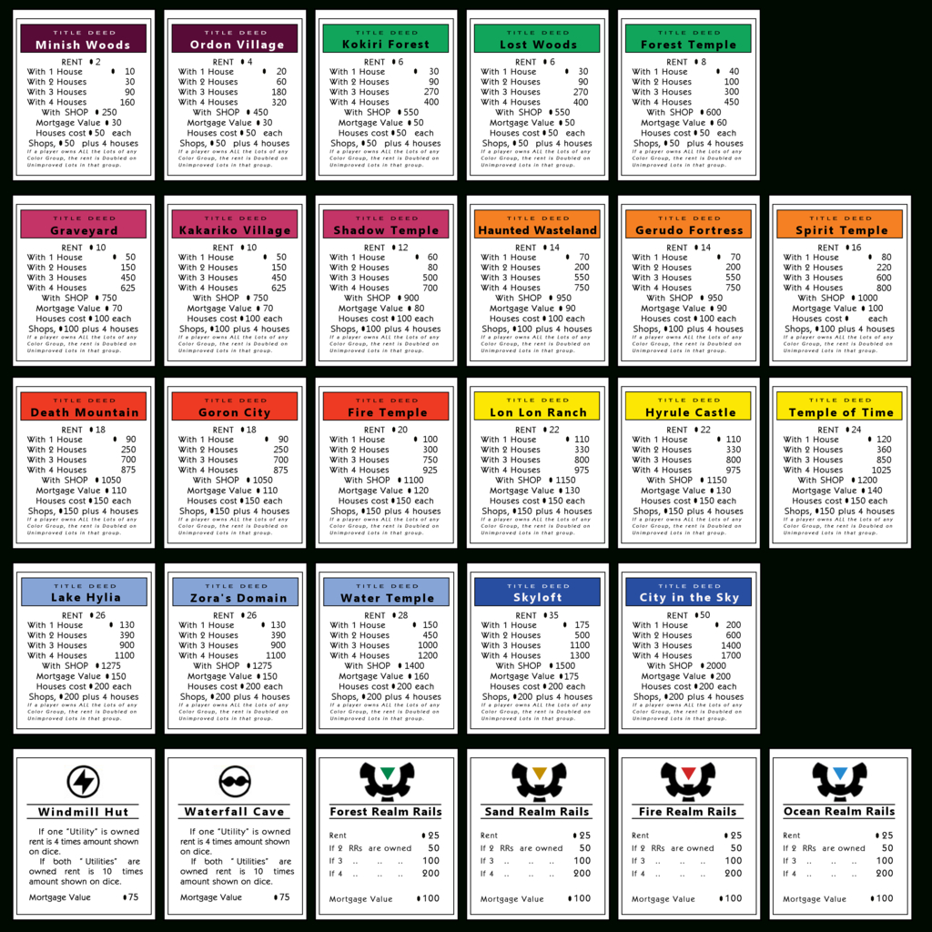 Monopoly Properties Zelda| Monopoly Games | Monopoly Inside Monopoly Property Cards Template