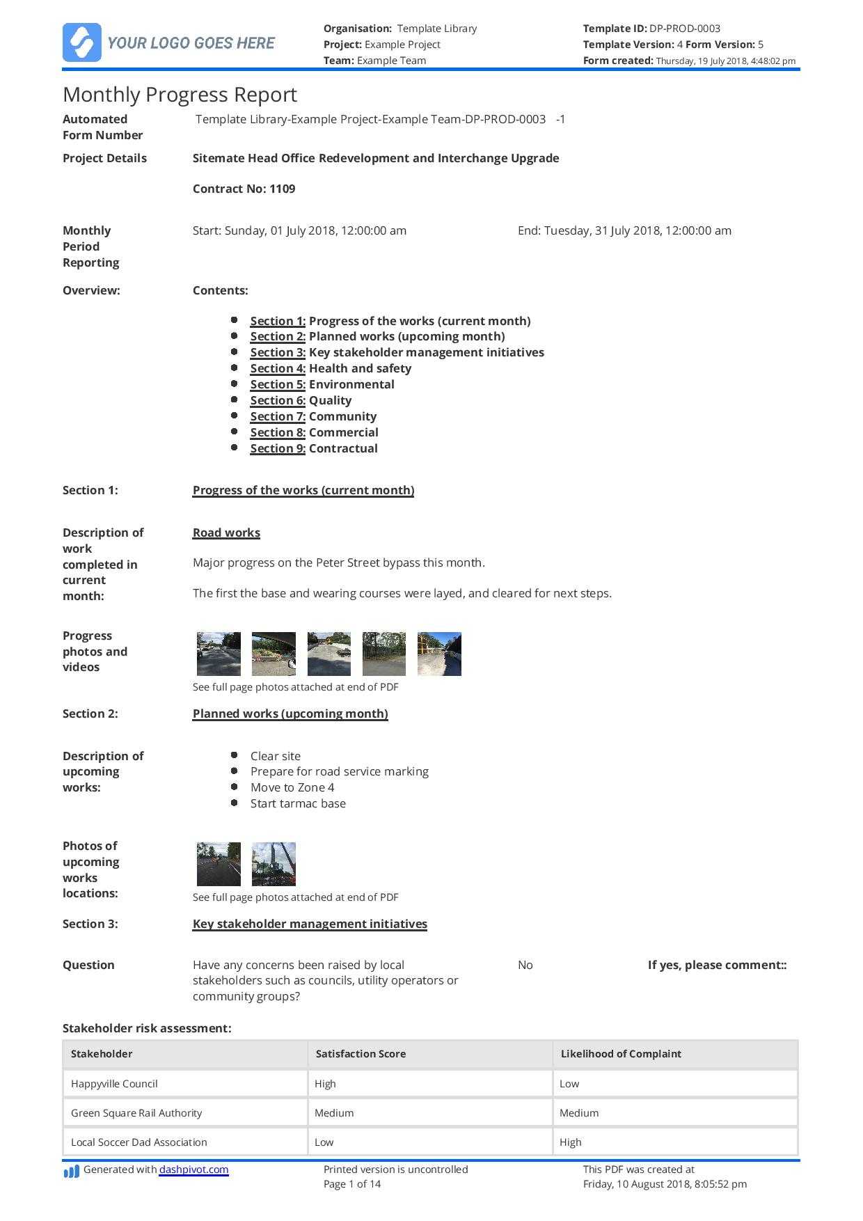 Monthly Construction Progress Report Template: Use This For Monthly Status Report Template