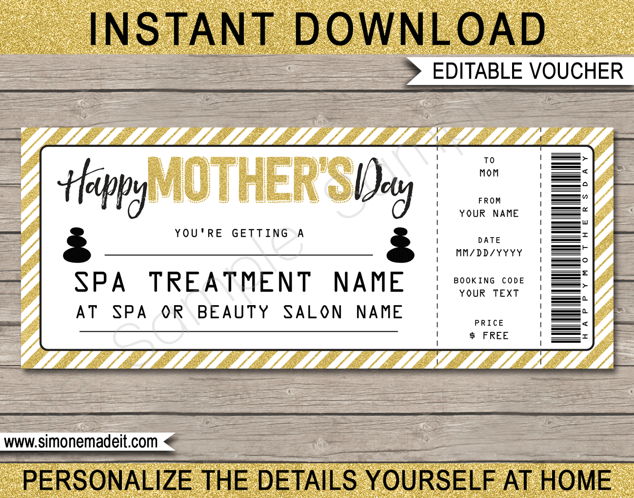 Mother's Day Spa Gift Voucher – Gold Glitter Pertaining To Spa Day Gift Certificate Template