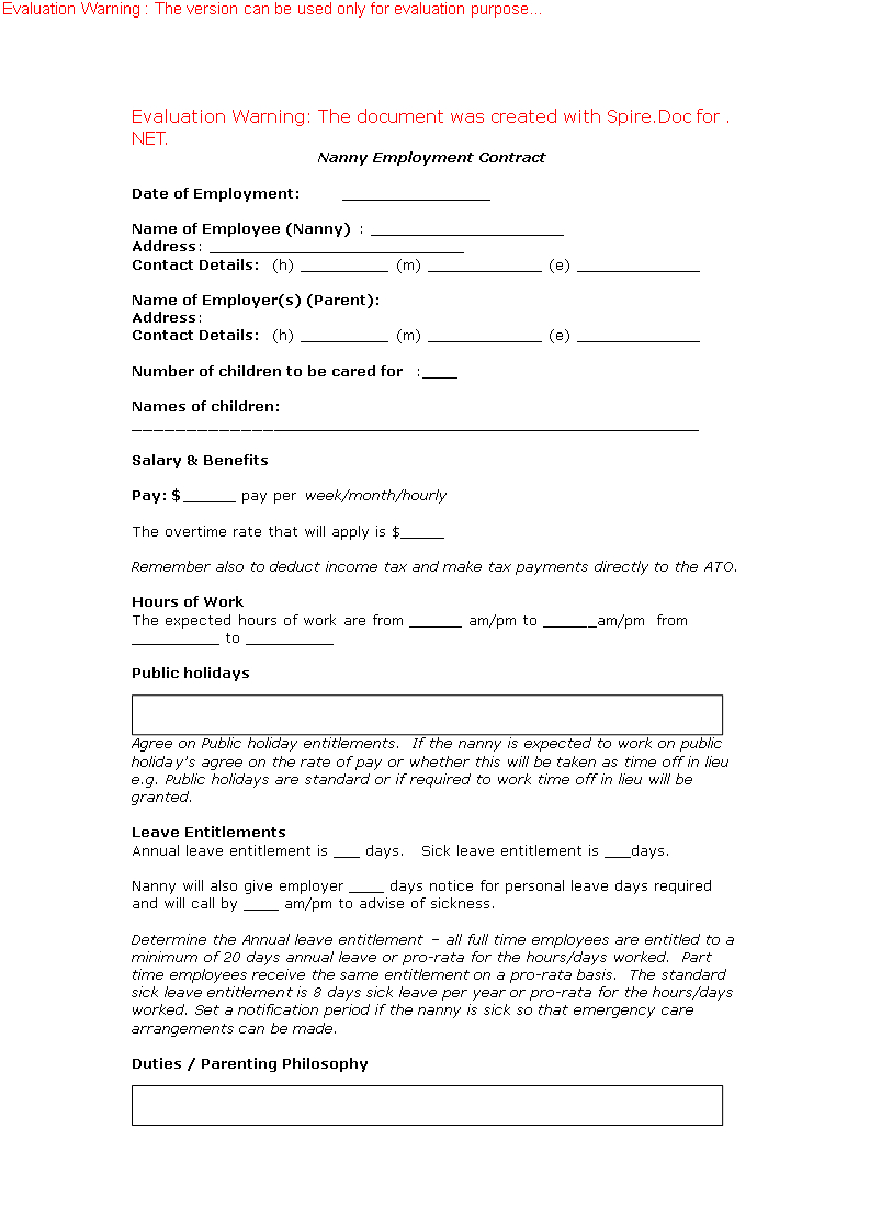 Nanny Employment Contract - | Nanny Contracts | Nanny With Regard To Nanny Contract Template Word