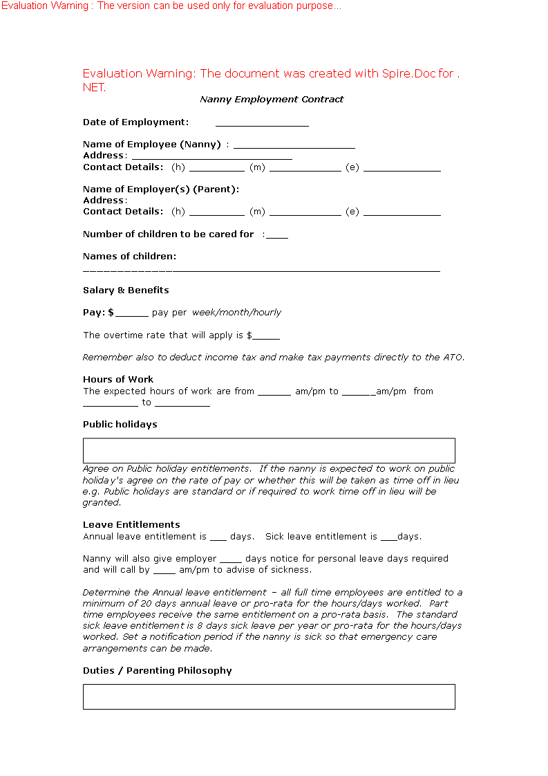 Nanny Employment Contract – | Nanny Contracts | Nanny With Regard To Nanny Contract Template Word