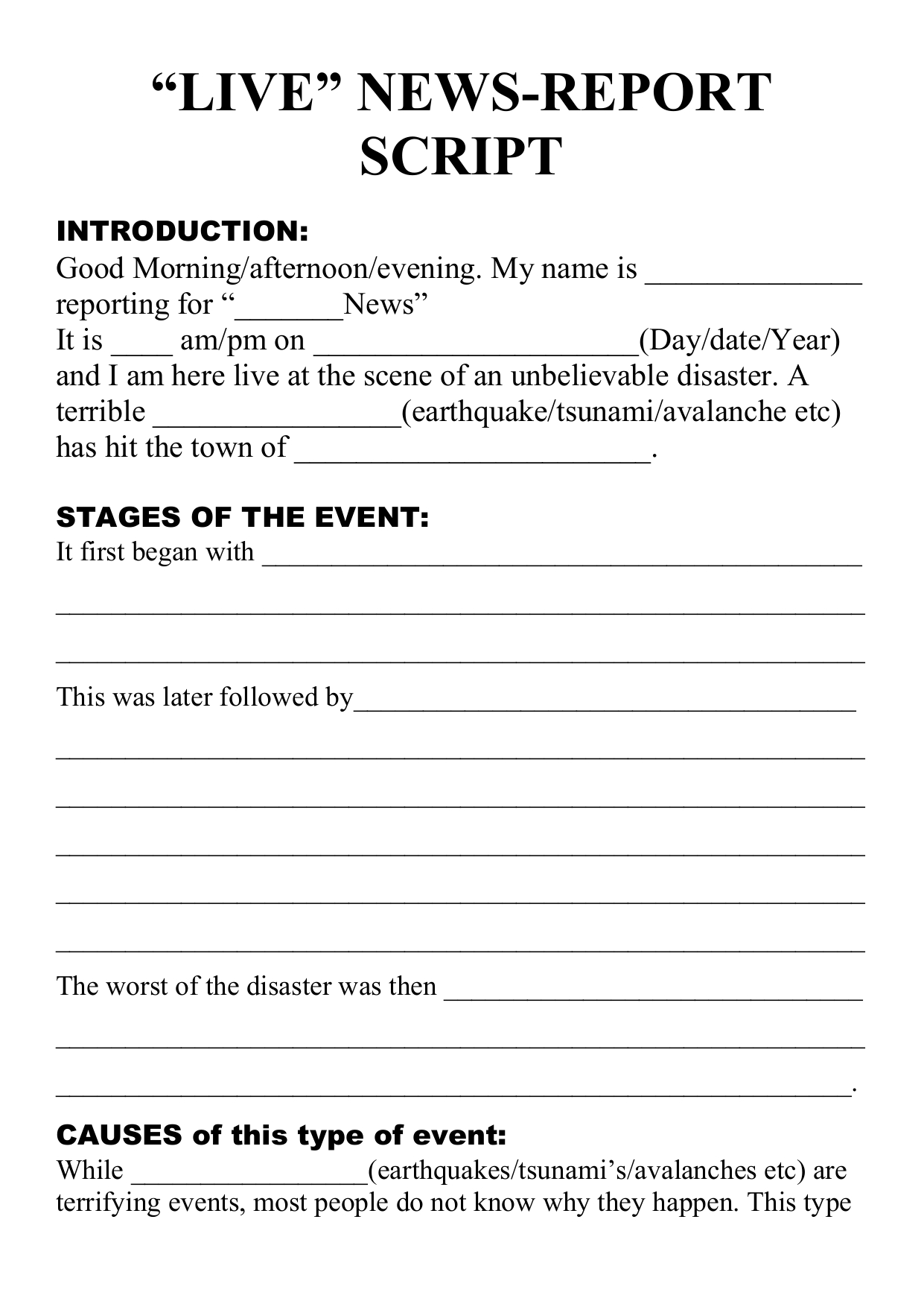 Natural Disaster – Live Newsreport Script Template Regarding News Report Template