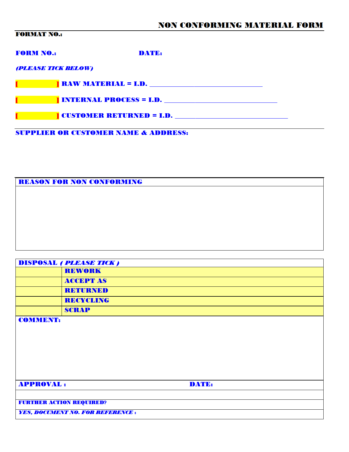 Non Conforming Material Form – Throughout Non Conformance Report Form Template
