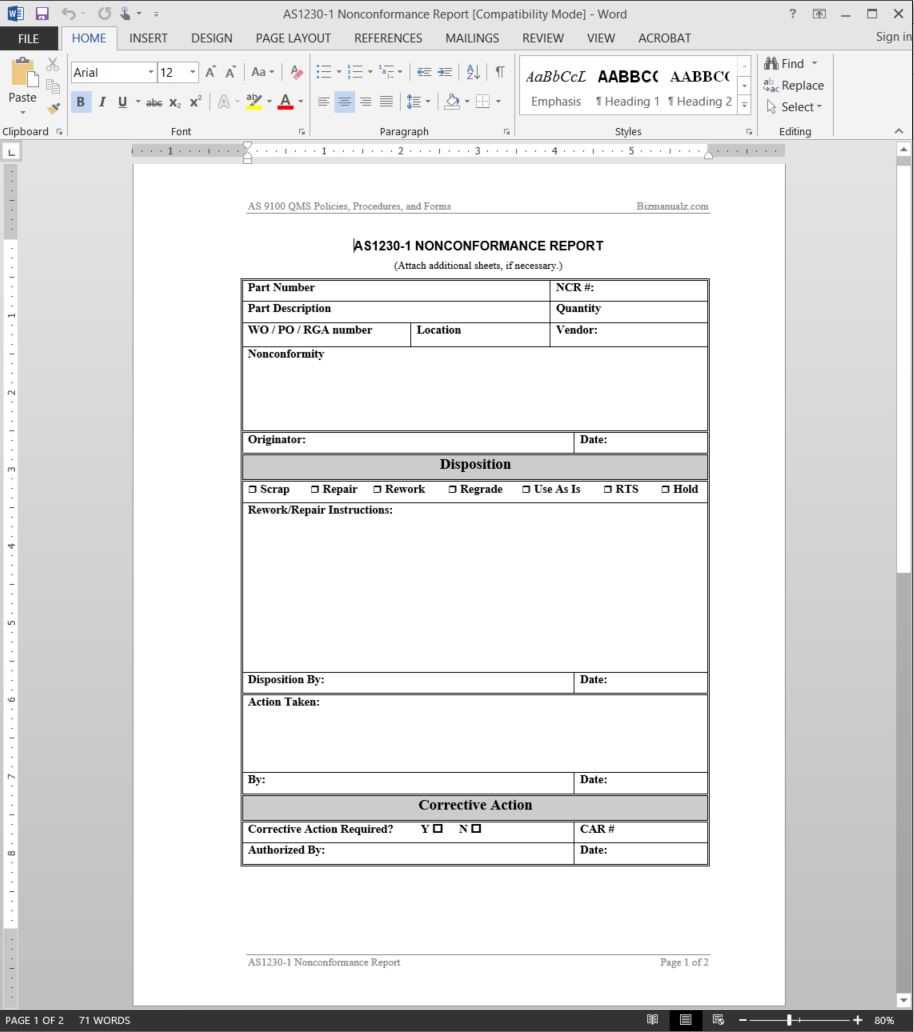 Nonconformance Report As9100 Template | As1230 1 Within Ncr Report Template