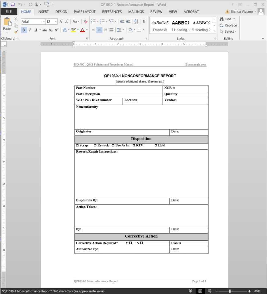 Nonconformance Report Iso Template | Qp1030 1 Intended For Iso 9001 Internal Audit Report Template