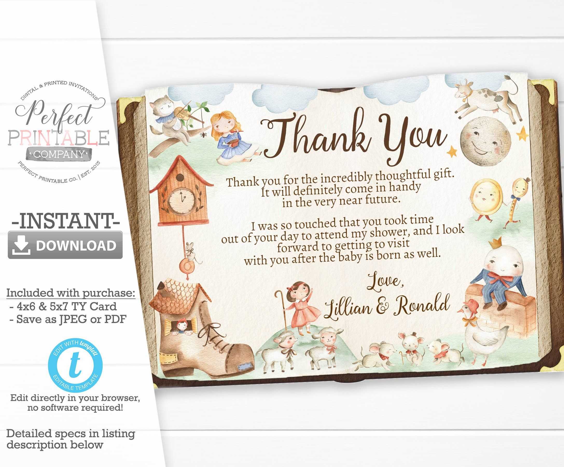 Nursery Rhyme Baby Shower Thank You Card, Mother Goose Thank Within Template For Baby Shower Thank You Cards