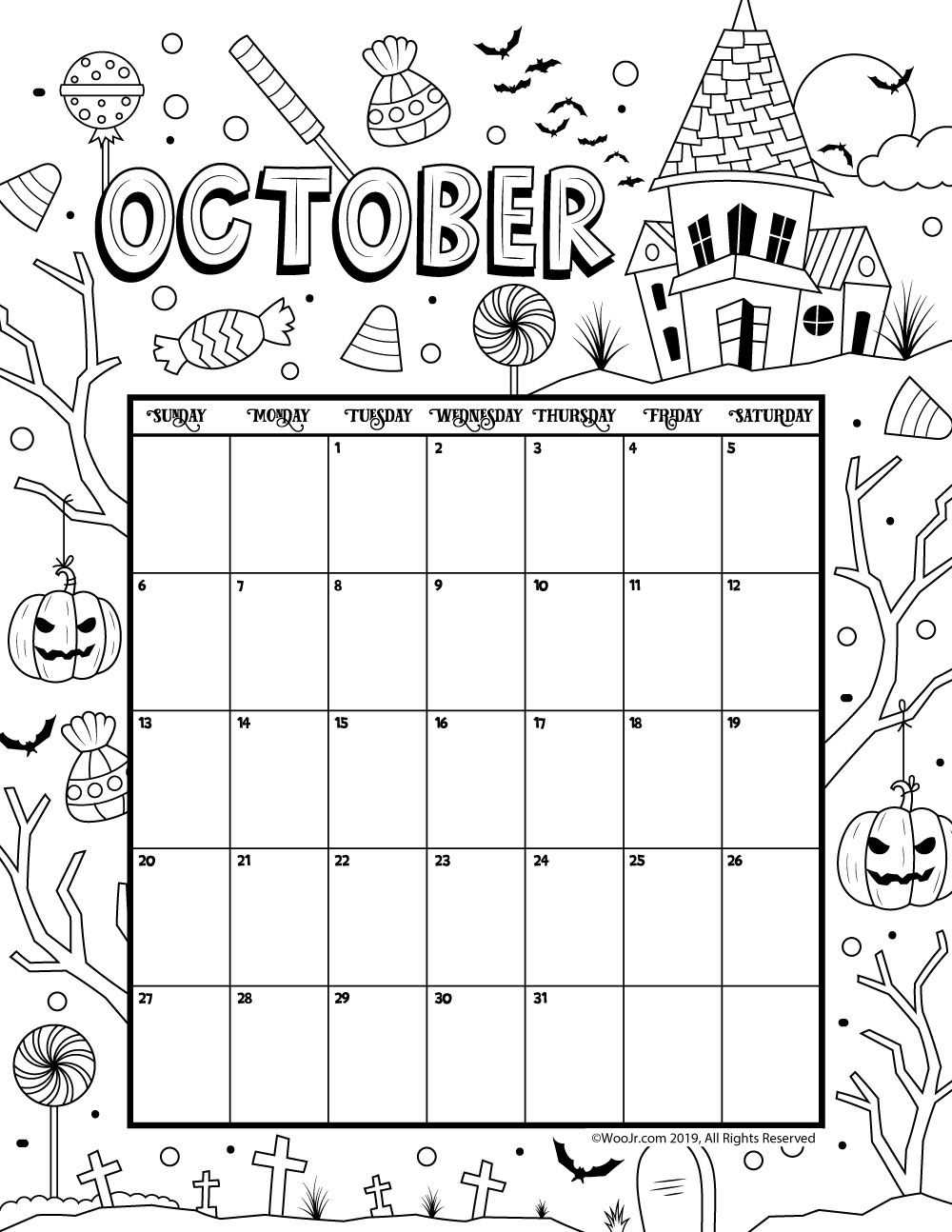 October 2019 Coloring Calendar | 2019 | Kids Calendar Within Blank Calendar Template For Kids