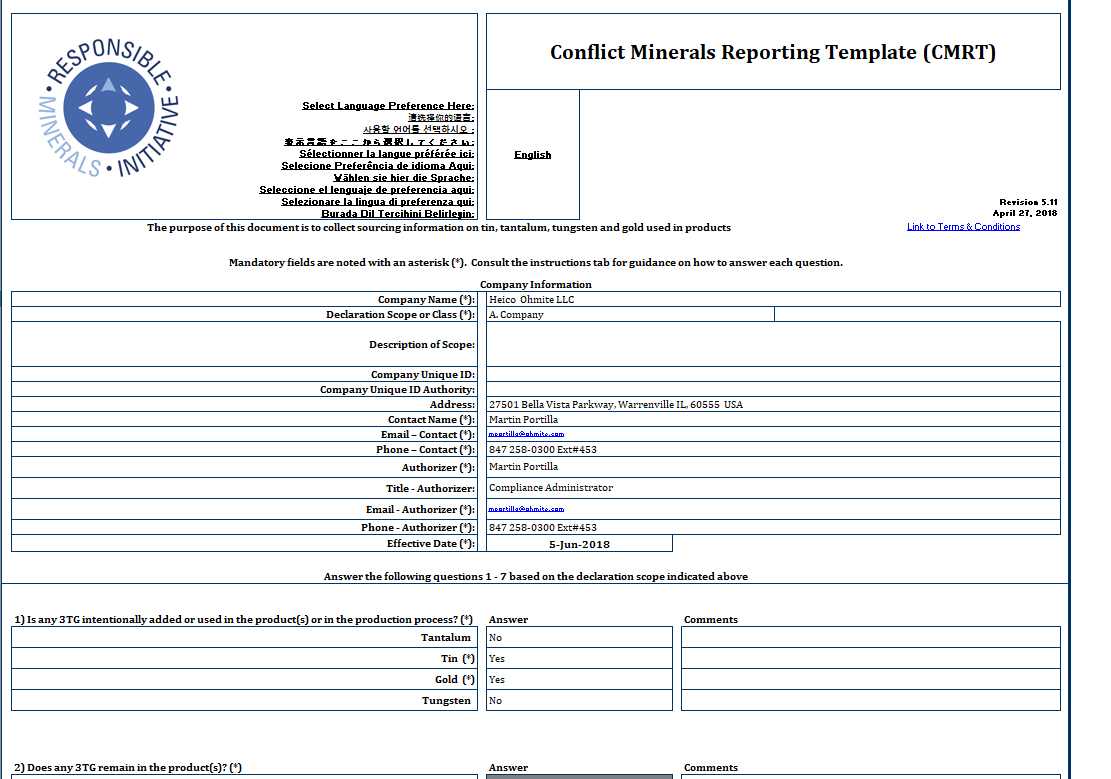 Ohmite - Conflict Minerals Reporting Template (Cmrt) - Rell With Regard To Conflict Minerals Reporting Template