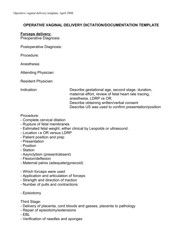 Operative Vaginal Delivery Template For Operative Report Template