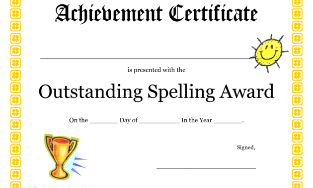Outstanding Spelling Award Printable Certificate Pdf Picture in Spelling Bee Award Certificate Template