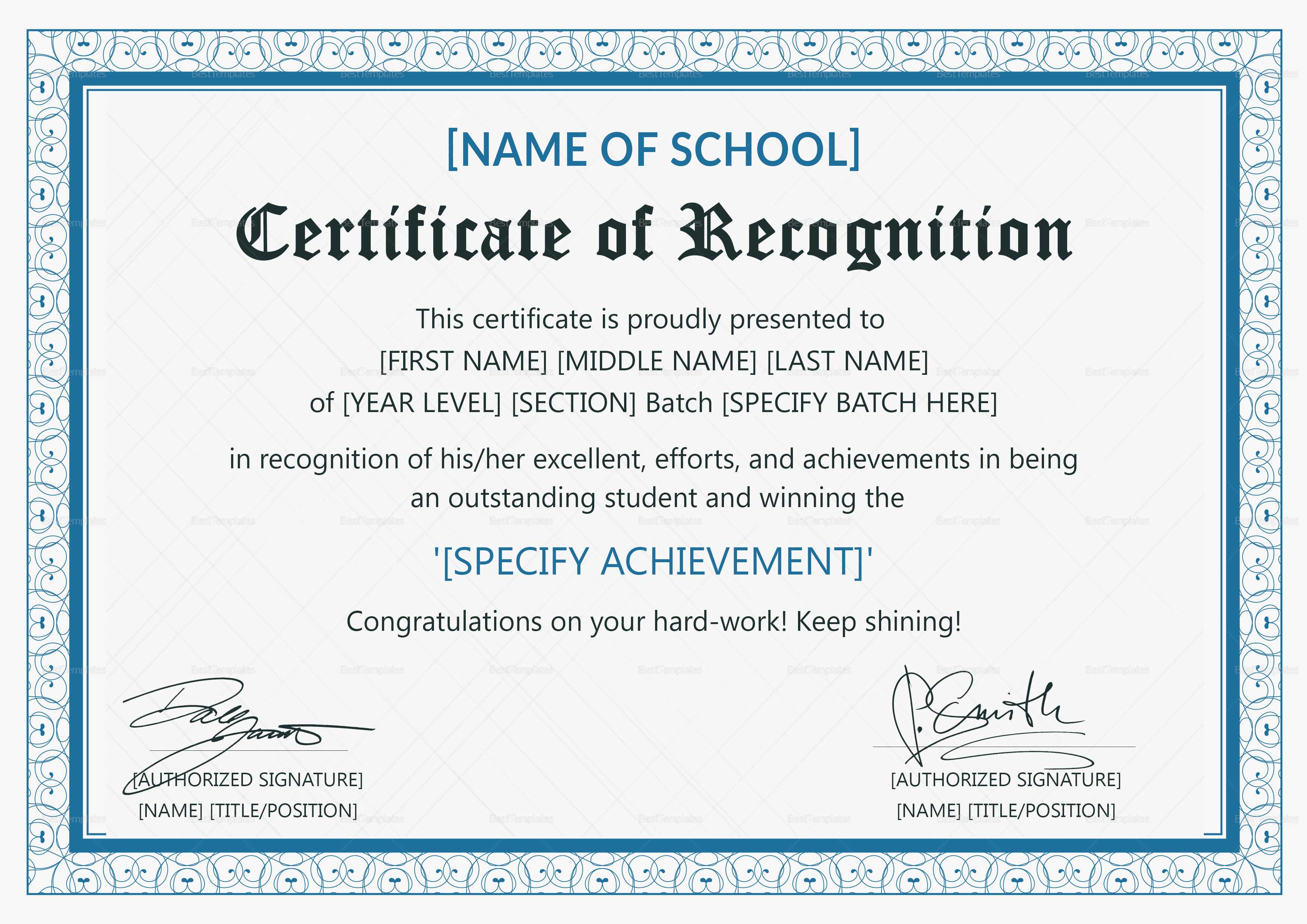Outstanding Student Recognition Certificate Template Within Template For Recognition Certificate