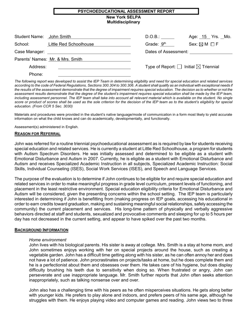 Page Of – Ventura County Selpa With Regard To Psychoeducational Report Template