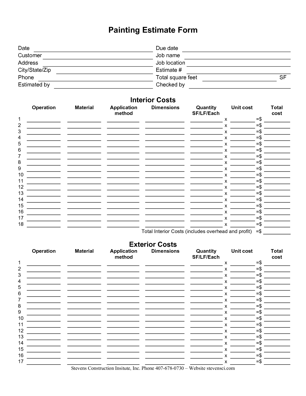 Painting Estimate Forms | Painting Estimate Form With Blank Estimate Form Template