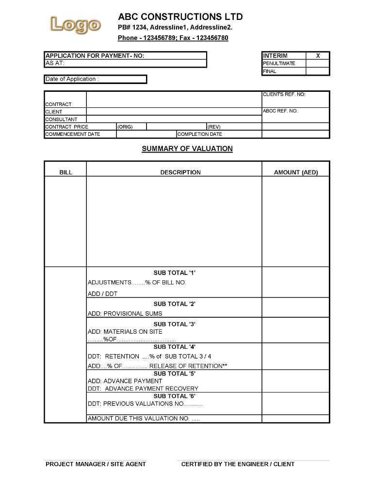 Payment Application Format For Construction Companies With Construction Payment Certificate Template