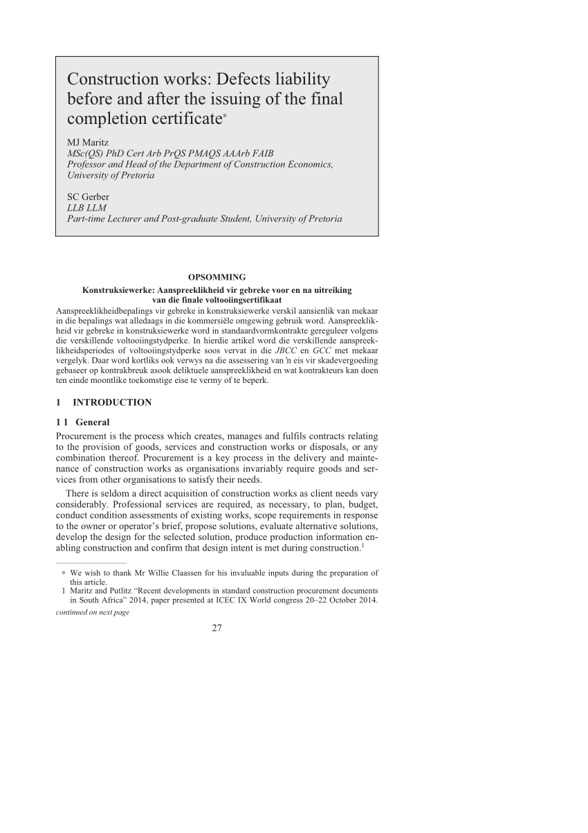 Pdf) Construction Works: Defects Liability Before And After Intended For Jct Practical Completion Certificate Template