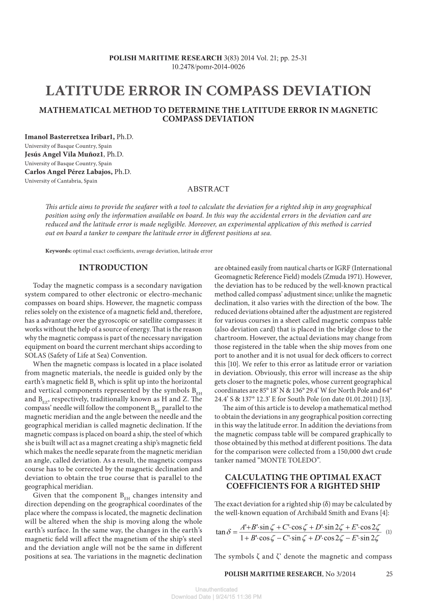 Pdf) Latitude Error In Compass Deviation: Mathematical With Compass Deviation Card Template