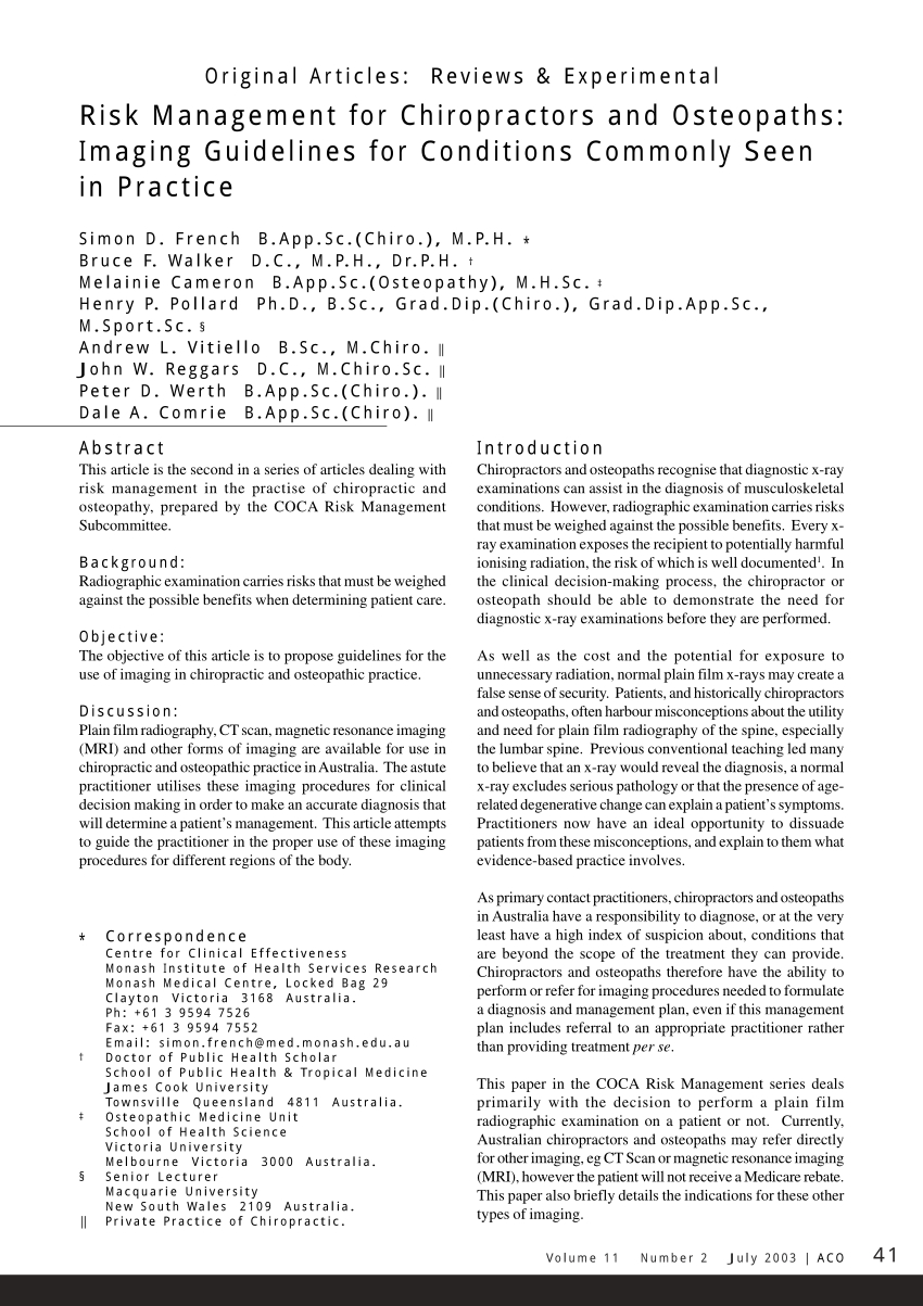 Pdf) Risk Management For Chiropractors And Osteopaths Throughout Chiropractic X Ray Report Template