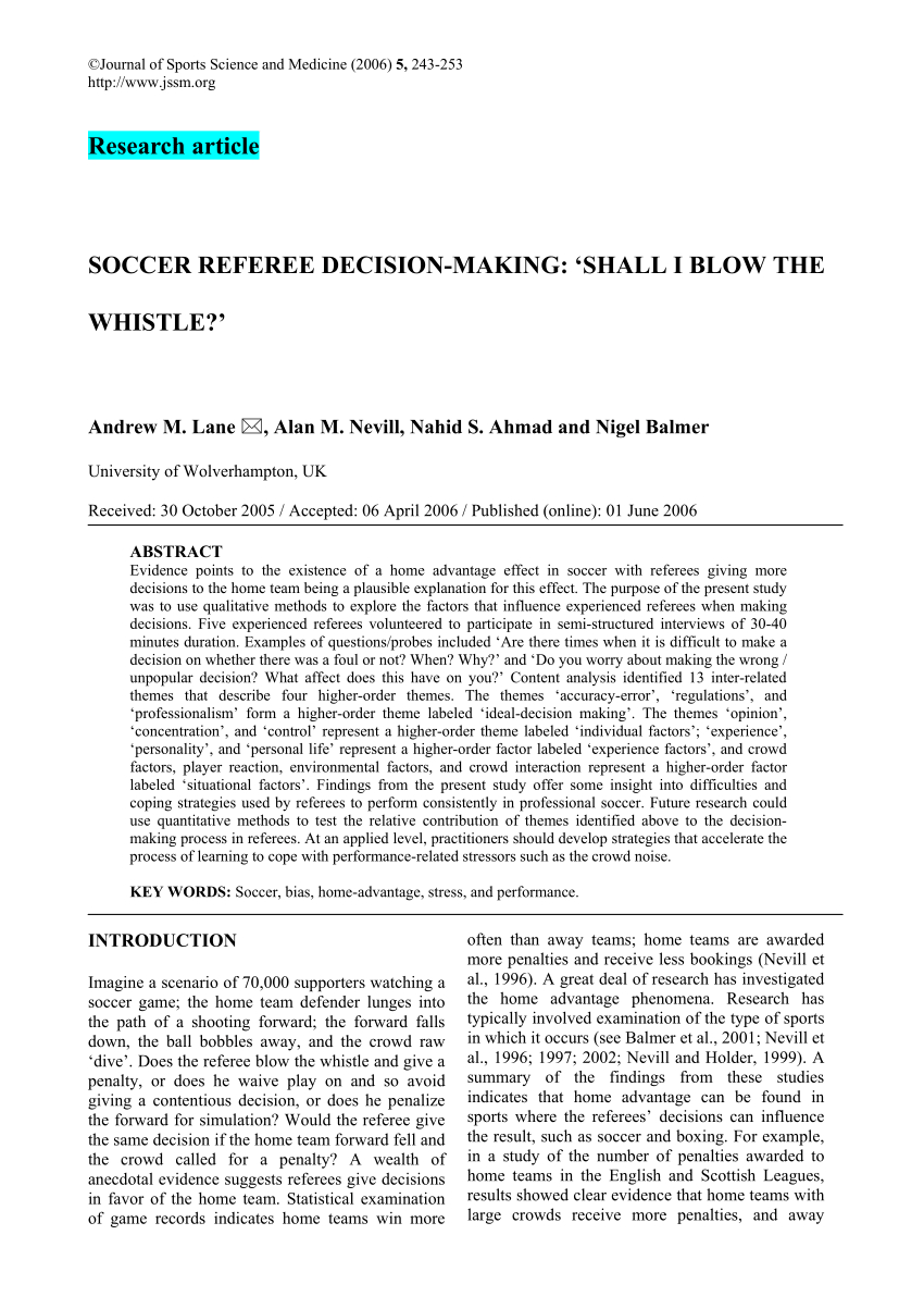 Pdf) Soccer Referee Decision Making: Shall I Blow The Whistle? For Soccer Referee Game Card Template