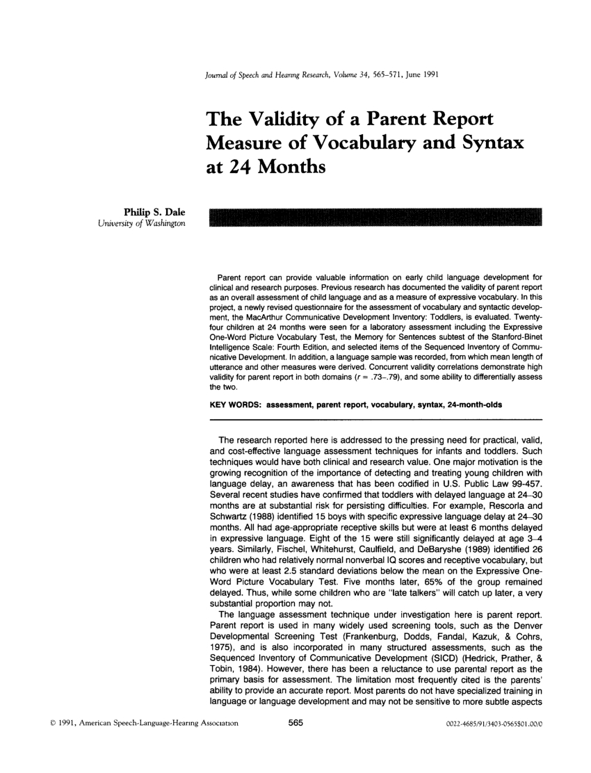 Pdf) The Validity Of A Parent Report Measure Of Vocabulary Intended For Speech And Language Report Template