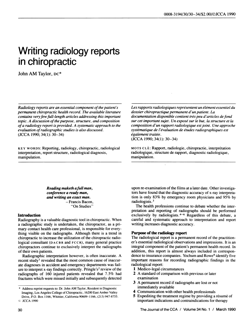 Pdf) Writing Radiology Reports In Chiropractic Intended For Chiropractic X Ray Report Template