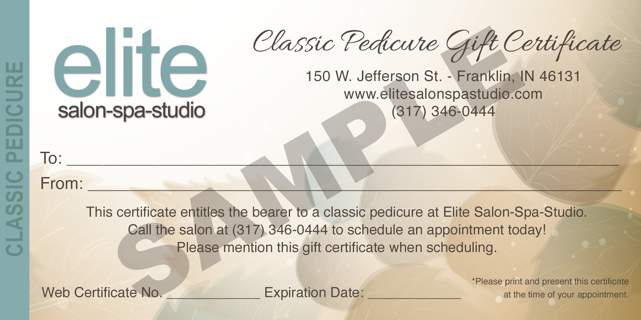Pedicure Gift Certificate Sample – Elite Salon Spa Studio Regarding Spa Day Gift Certificate Template
