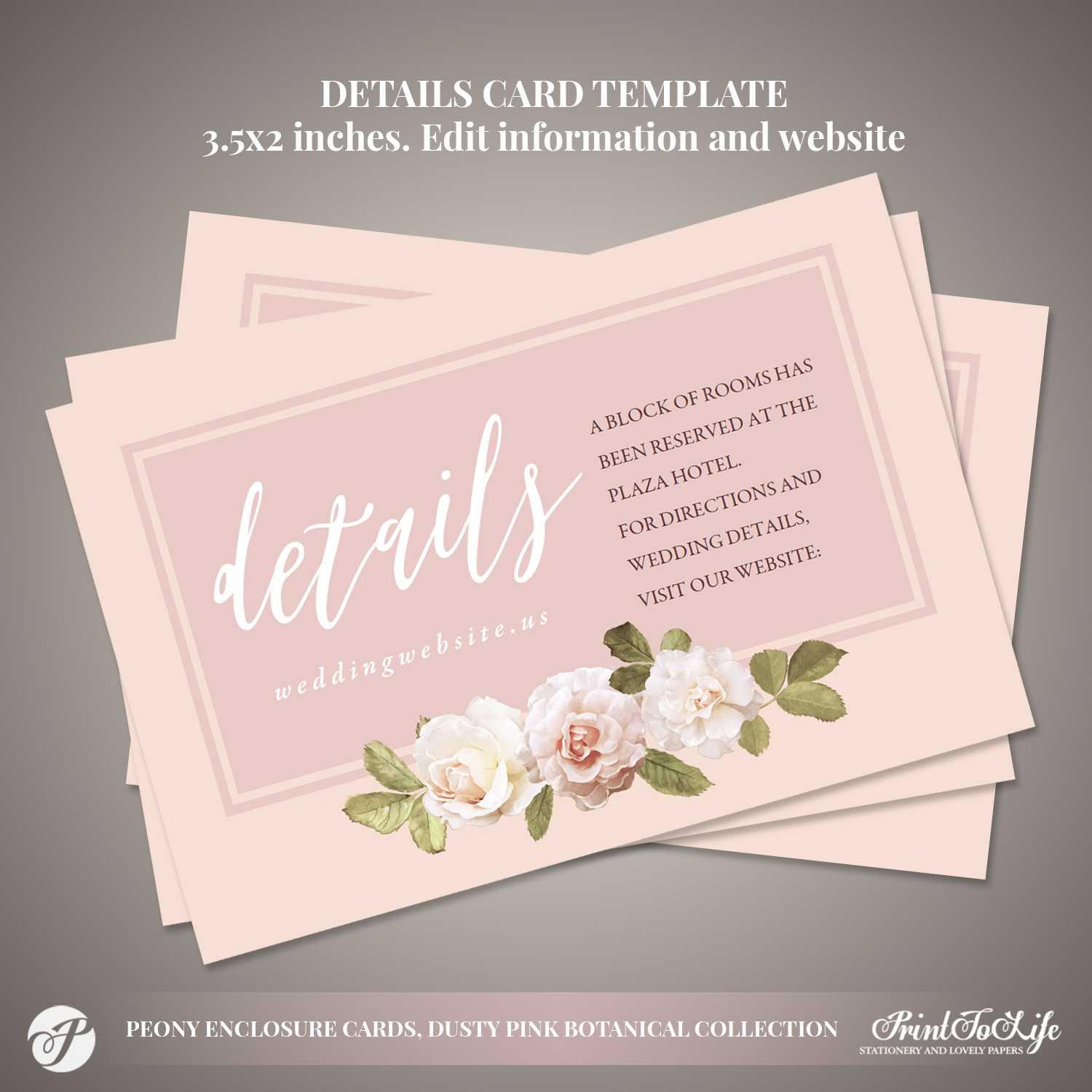Peony Details Card, Wedding Information Card #dusty Pink Botanical  Collection Within Wedding Hotel Information Card Template