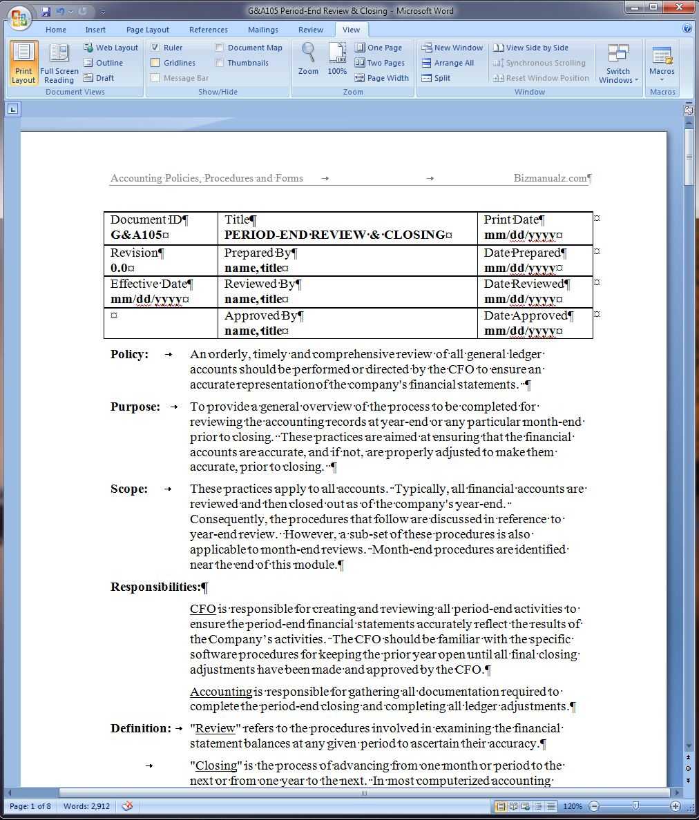 Period End Review And Closing Policy And Procedure Word Template In Training Manual Template Microsoft Word