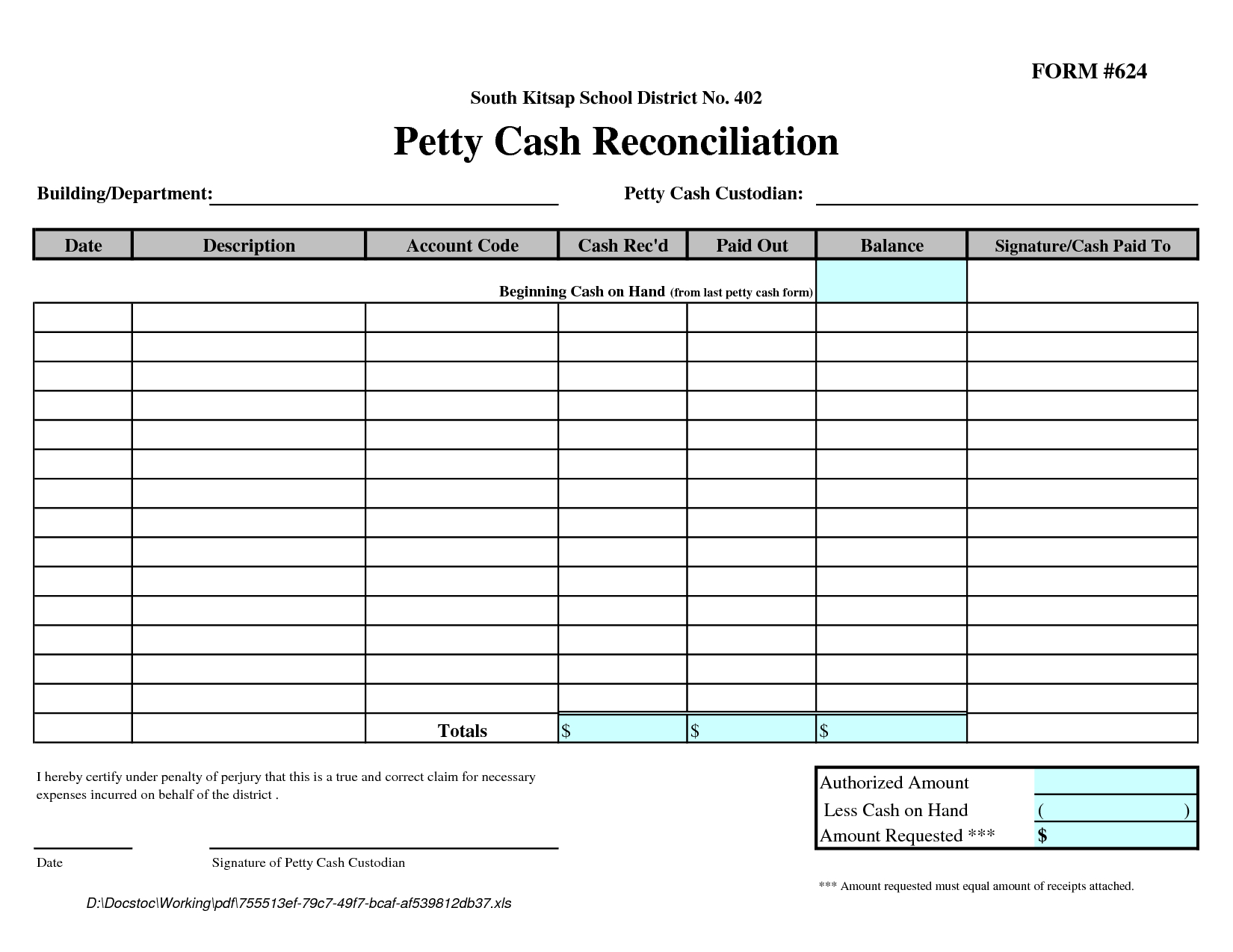 Petty Cash Reconciliation Form Template | Hhh | Attendance Throughout Petty Cash Expense Report Template