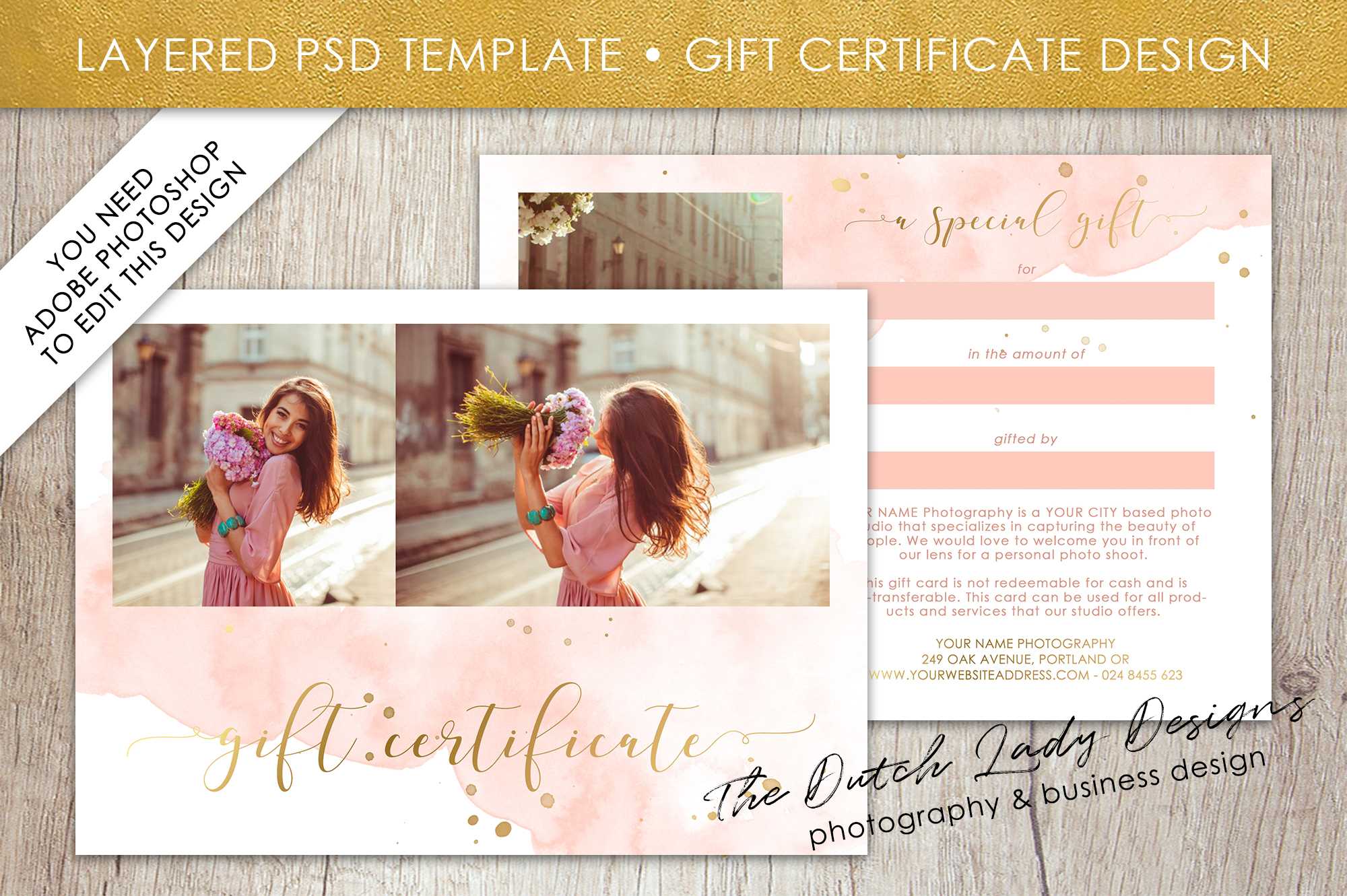 Photography Gift Certificate Template – Photo Gift Card – Watercolor Style  – Layered .psd Files – Design #43 With Gift Certificate Template Photoshop