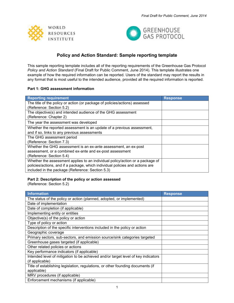 Policy And Action Standard – Sample Reporting Template For Report Requirements Document Template