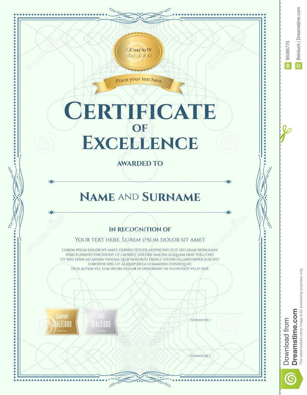 Portrait Certificate Of Excellence Template With Award Within Award Of Excellence Certificate Template