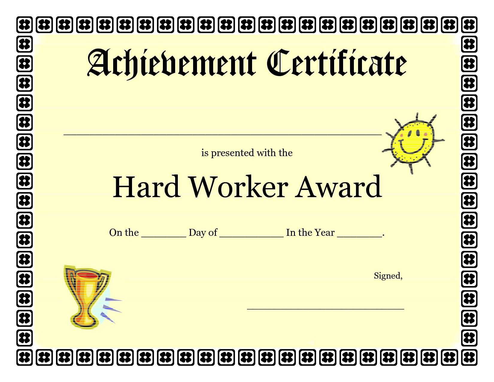 Printable Achievement Certificates Kids | Hard Worker For Certificate Template For Pages