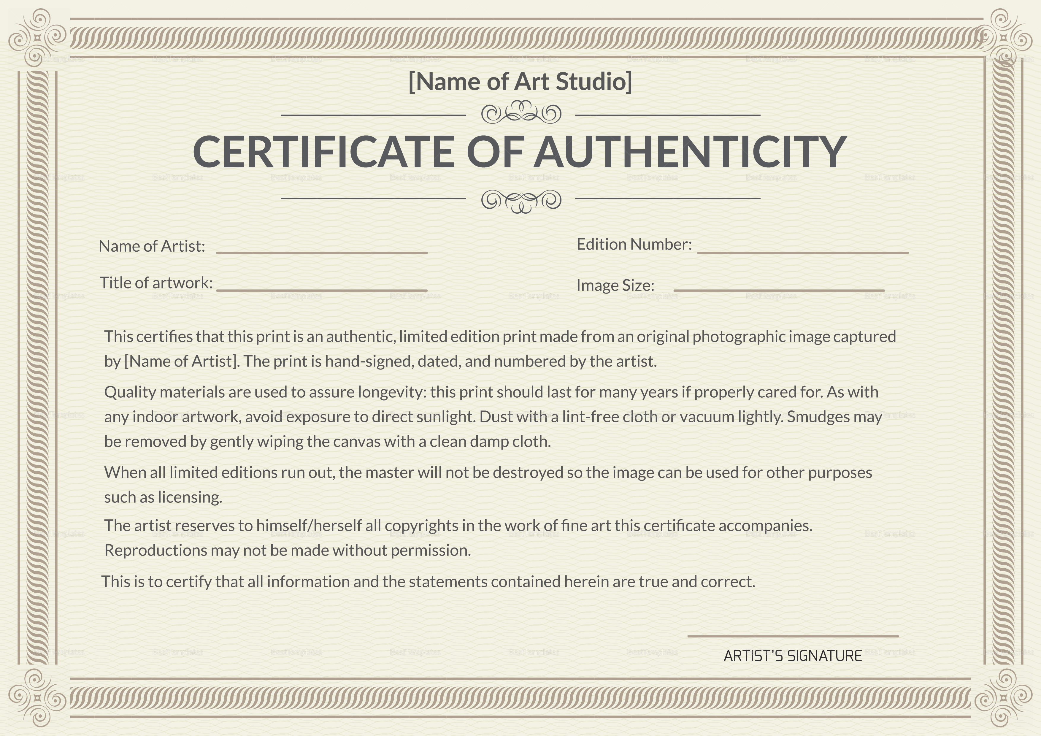 Printable Authenticity Certificate Template Throughout Certificate Of Authenticity Template