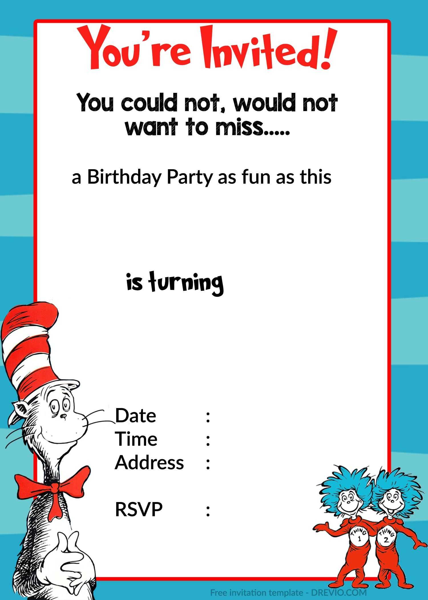 Printable Dr. Seuss Birthday Invitation | Birthday Pertaining To Dr Seuss Birthday Card Template