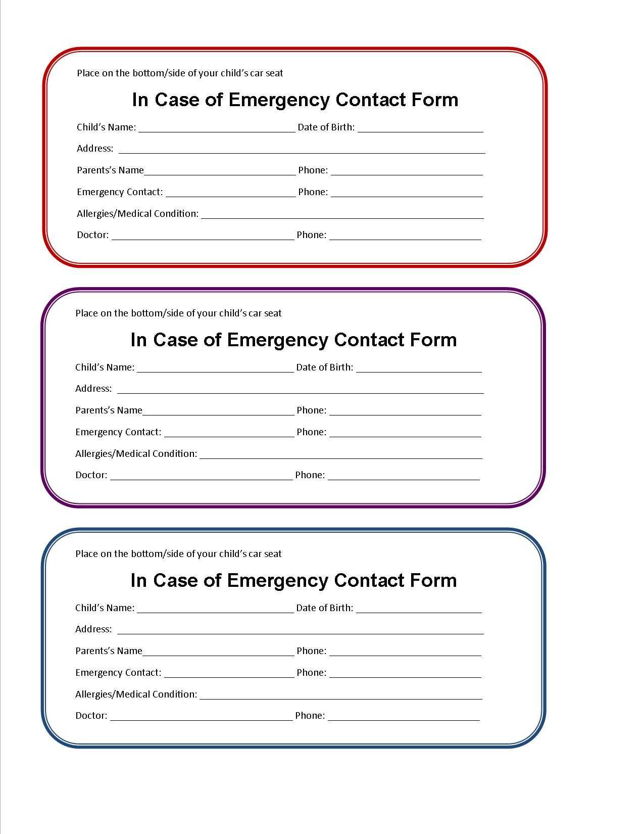 Printable Emergency Contact Form For Car Seat | Super Mom I With Emergency Contact Card Template