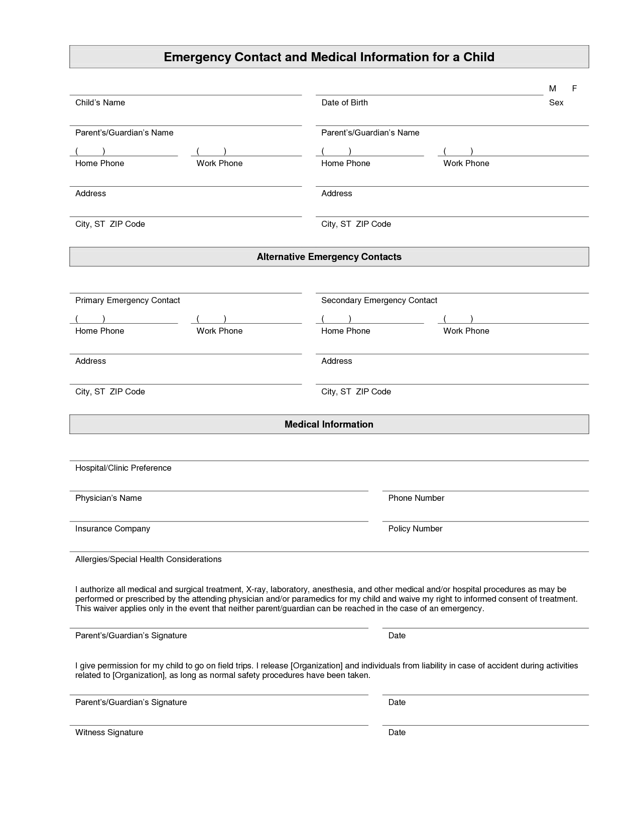 Printable Emergency Contact Form Template | Daycare Forms For Student Information Card Template