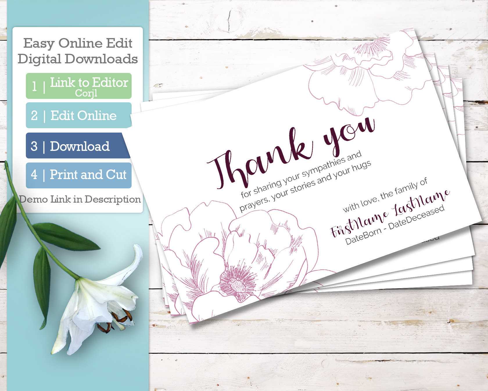 Printable Funeral Thank You Cards. Personalized Sympathy Thank You,  Editable Bereavement Thank You Card Download In Sympathy Thank You Card Template