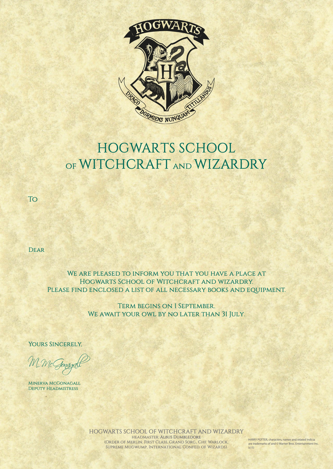 Printable Hogwarts Acceptance Letter Sample Envelope Regarding Harry Potter Certificate Template