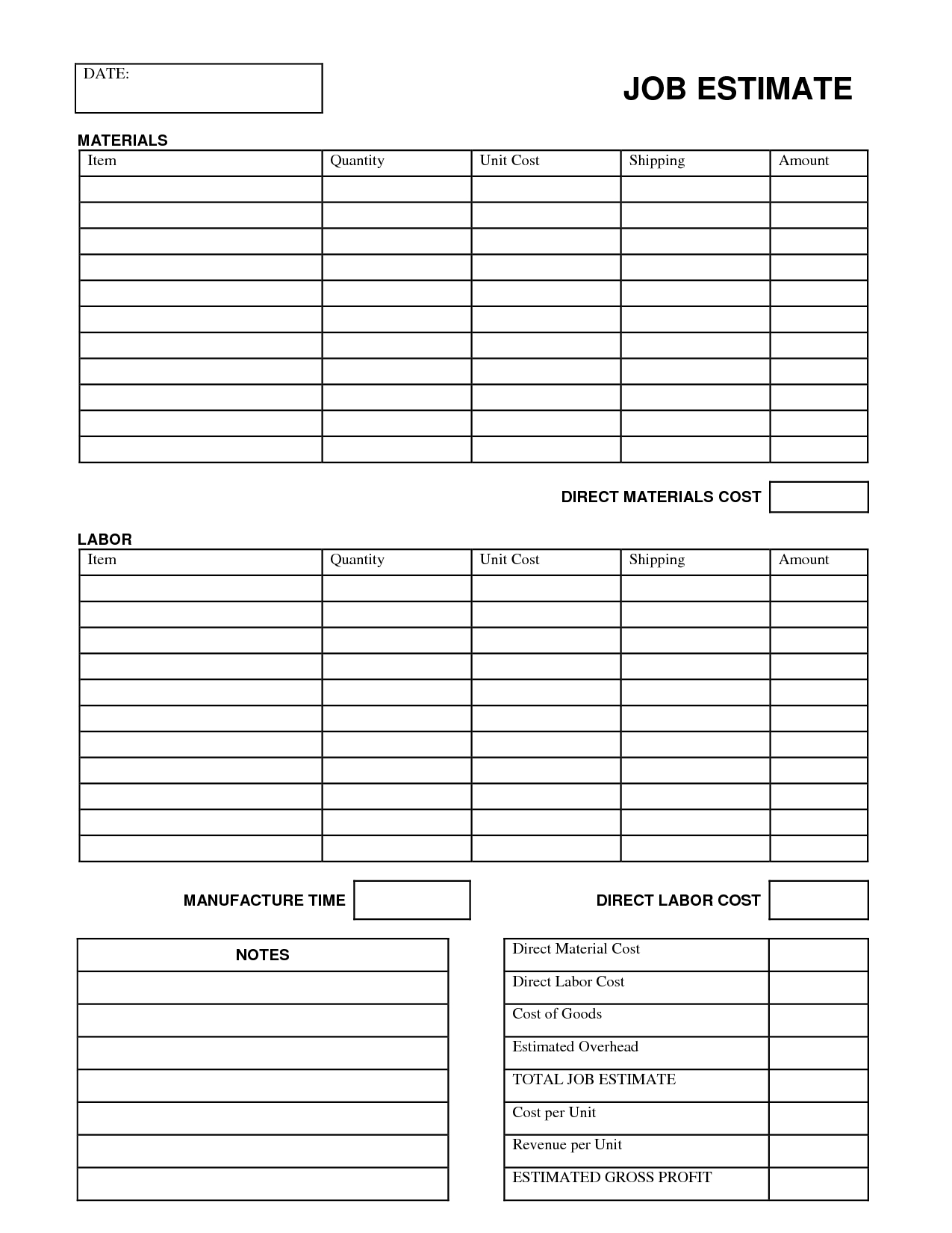 Printable Job Estimate Forms | Job Estimate Free Office Form Pertaining To Construction Cost Report Template